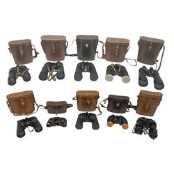 Ten cased pairs of binoculars, to include Ross London Steplux 7x50, Ross Solaross 16x60, Crescent zoom 7x- 12x50, Hilkinson 20x60,  Ross Stepnada 7x30,  Philo 10x50 etc