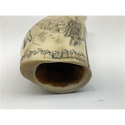 Scrimshaw style resin whale's tooth with incised decoration commemorating William Scoresby and The Baffin, Whitby, L14cm