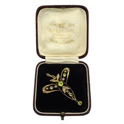 Edwardian Art Nouveau gold peridot and seed pearl pendant/brooch, stamped 9ct, boxed