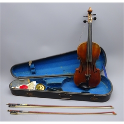  Early 20th century German violin with 36cm two-piece maple back and ribs and spruce top L58.5cm overall in ebonised wooden carrying case with two bows  
