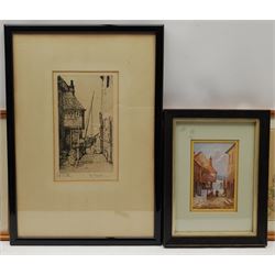 Chinese School (20th century): Birds and Flowers, set five watercolours on silk 18cm x 12cm, an etching of Tin Ghaut Whitby and a print of the same subject max 21cm x 13cm (7)