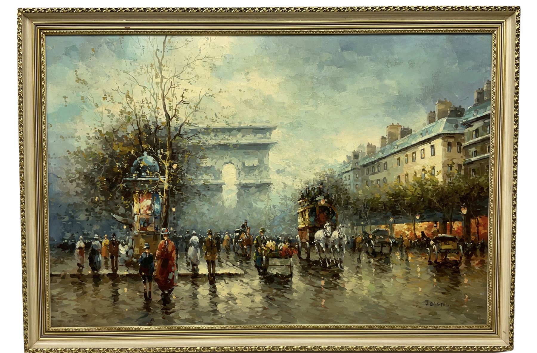 Johnny Gaston (British 1955-): Parisian Street Scene, oil on canvas signed 59cm x 90cm