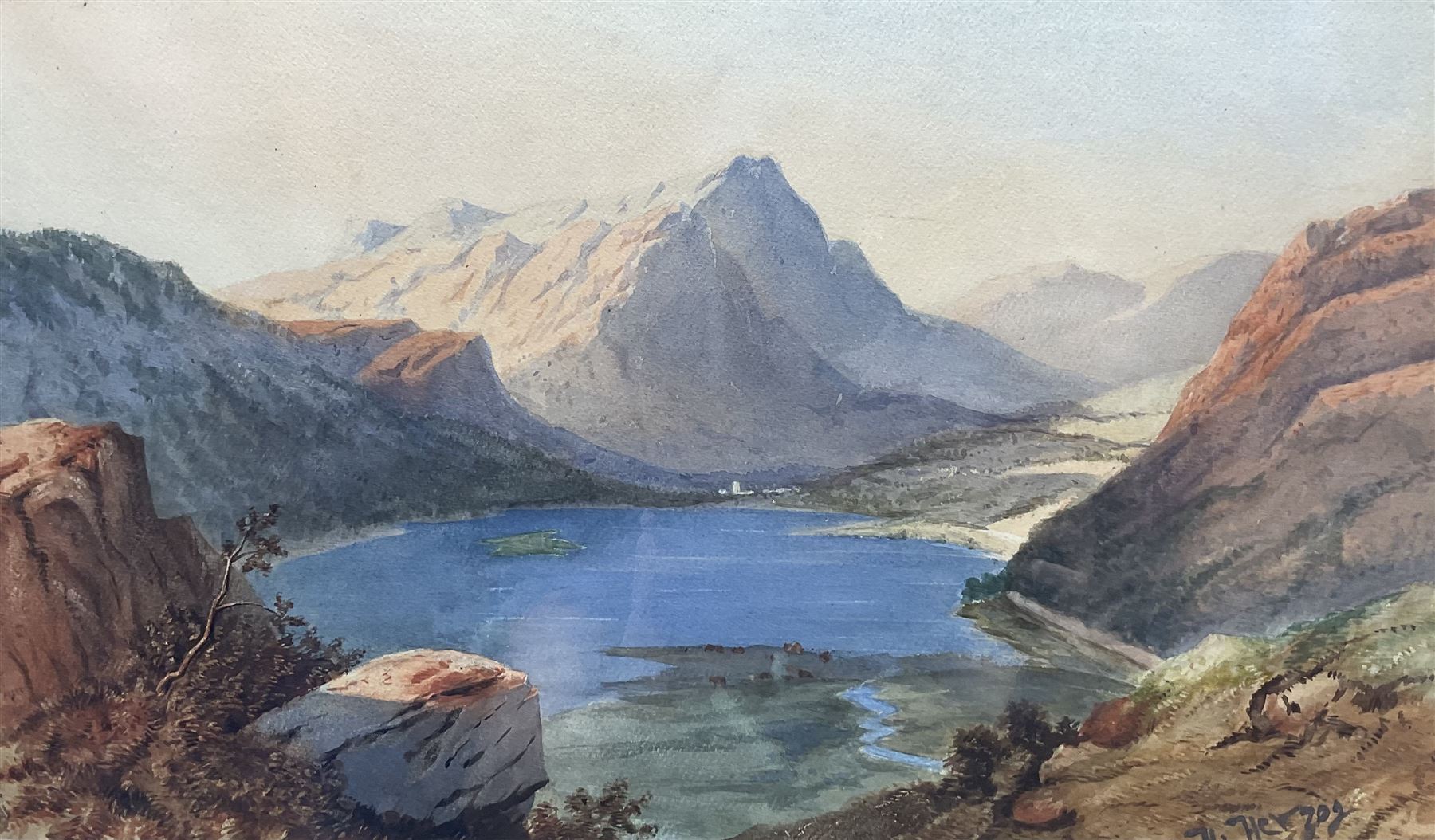 Hermann Ottomar Herzog (German-American 1832–1932): Mountainous Lake Landscape, watercolour signed 29cm x 48cm 