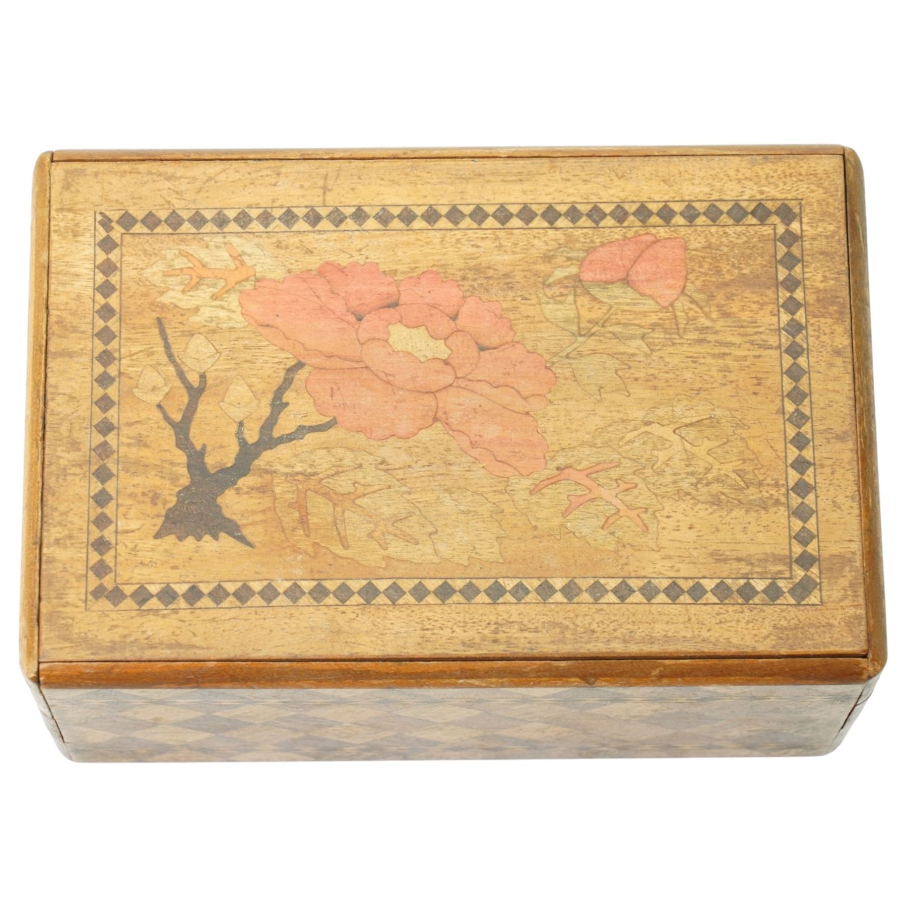 Japanese inlaid puzzle box, decorated with scenes of Mount Fuji and flowers, W15cm D10cm 