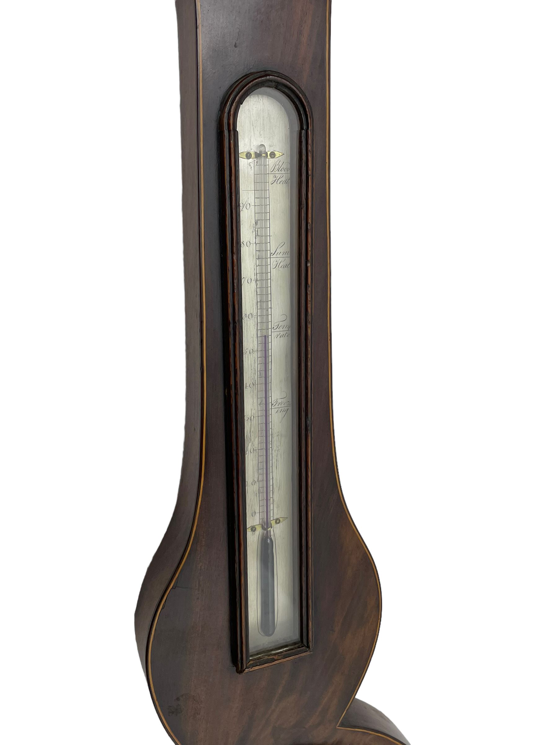 Hitzman & Co of Cambridge - Early 19th century mahogany mercury wheel barometer c1830,
With a broken pediment and finial, rounded base, and lined stringing to the edge, cast brass bezel with an 8-inch circular silvered register calibrated in inches and signed Hitzman & Co, Cambridge, with brass setting pointer to the glass, beneath an arched 12” Fahrenheit scale spirit thermometer with a silvered register. Joseph and Henry Heitzman were German barometer makers and clock importers who lived and worked in Trinity Street Cambridge 1820-1900, often found as here spelt Hitzman.
