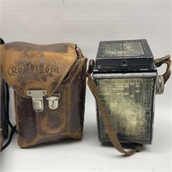 Franke & Heidecke Rolleicord twin lens camera, serial number 012706 with Heidoscop-Anastigmat f=7.5cm' lens and a 'Carl Zeiss Jena Triotar 1:4.5 f=7.5cm' lens, serial no 1474898, together with three similar cameras, including SEM TLR, serial no 420218, Ising Pucky box and Ferrania Elioflex, three in leather carry cases