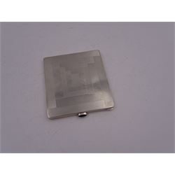 1920s silver cigarette case, the hinged cover with engine turned geometric decoration, with gilt interior, with London import marks 1929 by London Chain Bag Co, H9cm