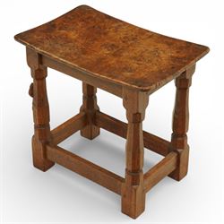 Mouseman - circa 1927 burr oak joint stool, with dished top, on chamfered octagonal supports, with  carved mouse signature, by Robert Thompson of Kilburn