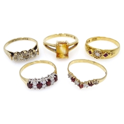  18ct gold stone set ring hallmarked, 9ct gold citrine set ring and three other 9ct dress rings hallmarked  