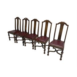 Set five 20th century oak high-back dining chairs, scrolled cresting rail, oxblood leatherette drop-in seat, raised on turned supports united by cross stretcher