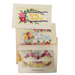 Eight WWI silk work sweetheart cards, and a silk to my wife handkerchief 