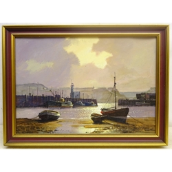 Don Micklethwaite (British 1936-): Low Tide Scarborough Harbour, acrylic on board signed 34cm x 49cm