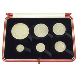 King George V 1927 proof coin set, comprising threepence, sixpence, one shilling, florin, halfcrown and 'wreath' crown, cased