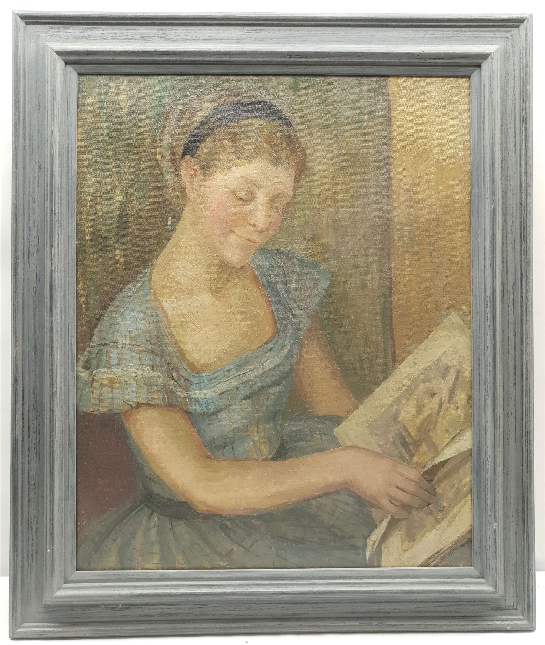 Constance Anne Parker (British 1921-2016): Portrait of a Young Girl Reading, oil on canvas unsigned 60cm x 48cm