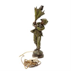 After Louis Auguste Moreau - The Gust of Wind, bronzed figure holding an umbrella, adapted as a table lamp H40cm