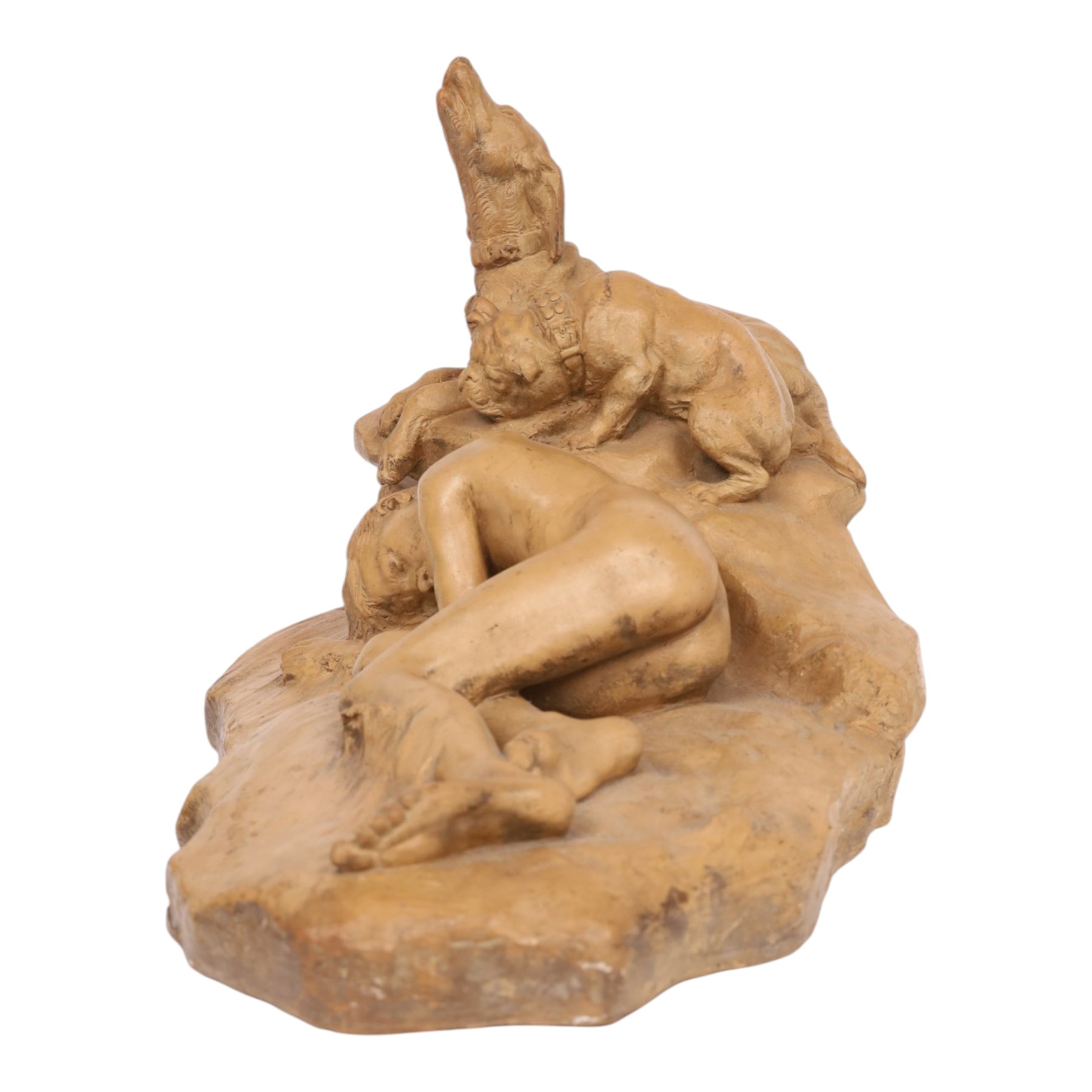 Thomas Cartier (1879-1943); terracotta sculpture of a boy sleep watched over by two dogs, signed to base, H40cm