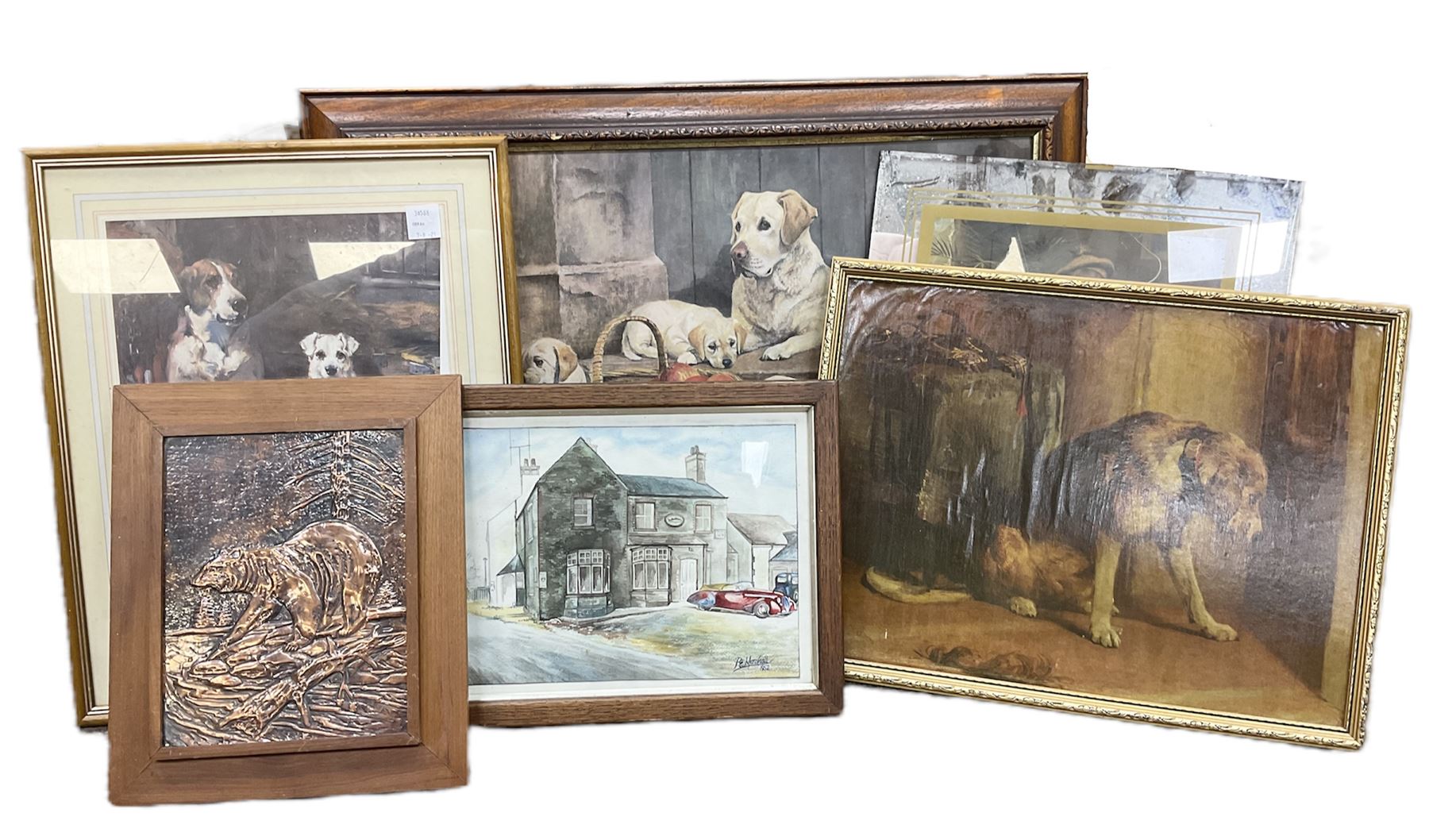 After P E Marshal (British 20th century), Car Outside Inn, water colour signed and dated; after Richard Britton (British) 'Mischief Makers' (golden labradors), colour print, together with three colour prints of dogs and embossed decorative bear scene (6) 