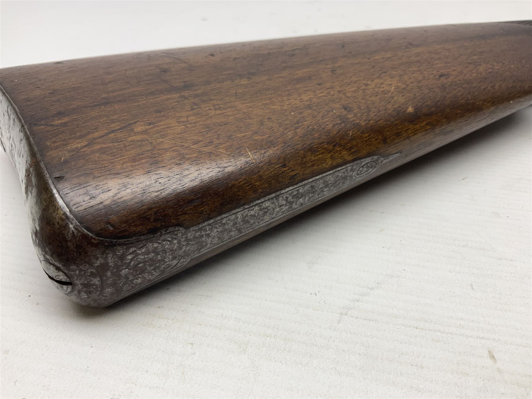 19th century take down 'cripple stopper' single barrel percussion gun, removable walnut stock with bayonet style fitting, chequered grip and fore-end, approximately 8-bore, the 59.5cm (23