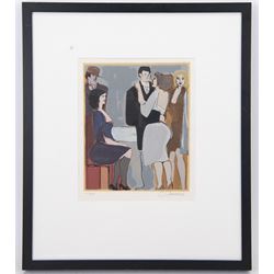 David Schneuer (Austro Hungarian 1905-1988): Figures at a Party, limited edition serigraph signed and numbered 51/250 in pencil 33cm x 28cm
Notes: Schneuer who emigrated to Israel, was well known for his paintings and serigraph prints of cafe scenes and depictions of the German and Parisian social scene in the 1920's. His expressionistic style is evident as he creates scenes filled with a party-like atmosphere, constantly exploring sex and eroticism