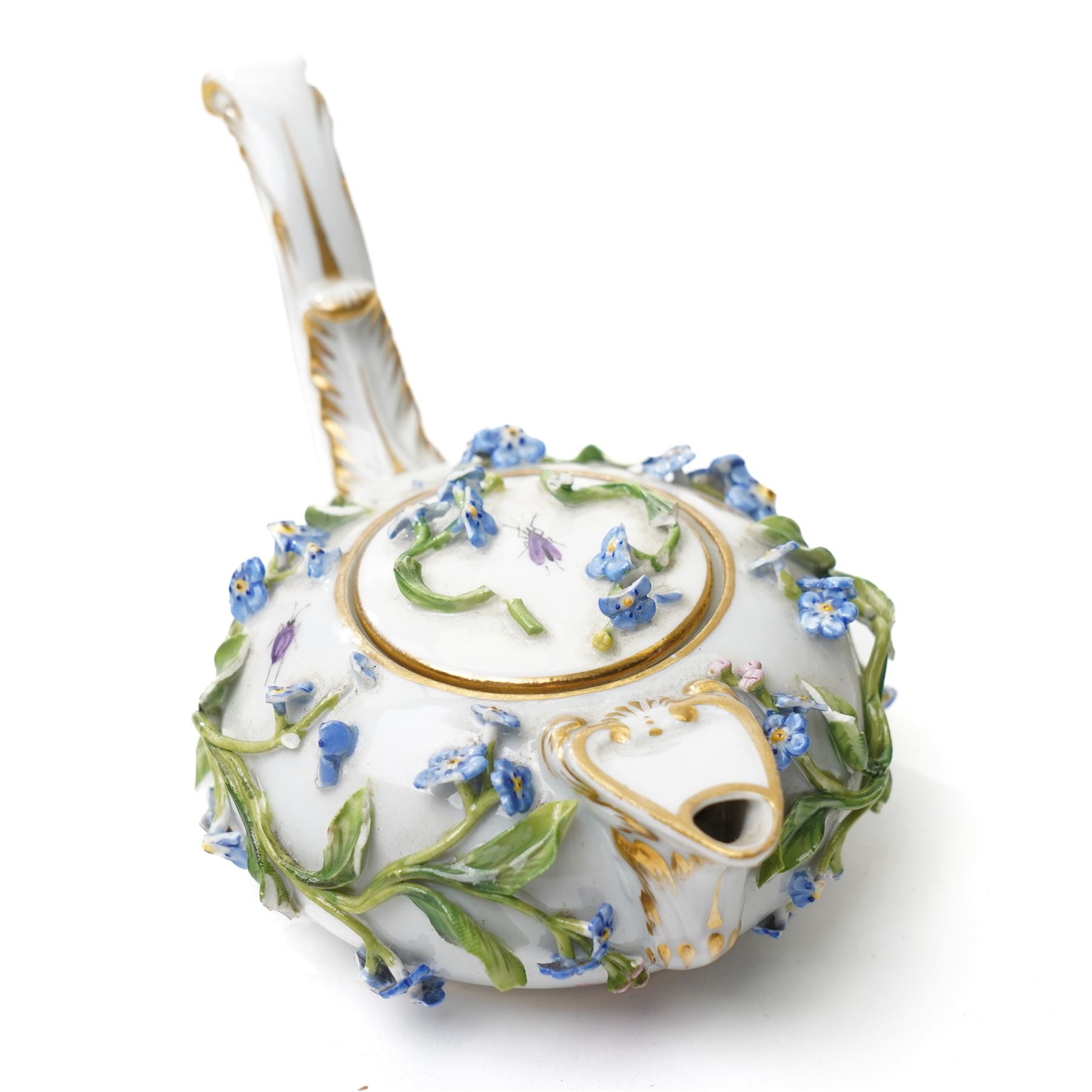 Early 19th century Meissen covered milk jug, of squat ovoid form with elongated handle, the body with encrusted forget-me-not floral decoration and leaves, with painted insects, underglaze blue crossed swords mark to base, W15cm