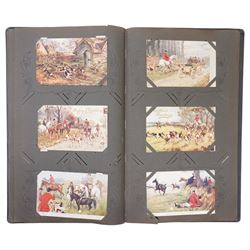Early 20th century postcard album, belonging to Jockey John Edward (Jack) Leach, born Nov. 1901, with hand coloured pages including twenty two coloured cards from the Jockey Series, silhouette card signed F Winter, other jockey and racing cards, fox hunting, seven Racing Pigeon cards etc (141)