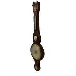 A mid Victorian mercury wheel barometer retailed by Thomas Grey of Newton Stewart, in a mahogany case with inlay to the edge, swans neck pediment and rounded base, with an 8” silvered register recording barometric air pressure from 28 to 31 inches with weather predictions, brass recording hand and steel indicating hand within a convex glass and cast brass bezel, silvered “butlers” mirror with reeded wooden surround and a round topped thermometer box with a mercury thermometer measuring degrees Fahrenheit, level bubble with silvered nameplate. H96cm
.

