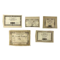 Five French Revolutionary period assignat notes (notes of this type were issued between 1789 and 1796), each mounted on paper