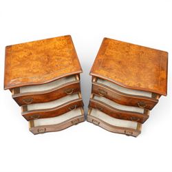 Pair of Georgian design figured elm serpentine bedside chests, moulded top raised on bracket feet