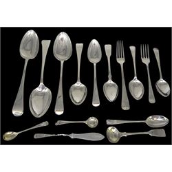 Group of assorted silver spoons, to include pair of Old English pattern dessert spoons, hallmarked Cooper Brothers & Sons Ltd, Sheffield 1924, other examples of various size and decoration including Old English and Fiddle pattern, various hallmarks, dates ranging 1814 to 1997, and a late Victorian butter knife, late Victorian christening fork, and late 20th century small serving fork, approximate total weight 9.48 ozt (295 grams)