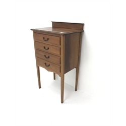 Edwardian mahogany music cabinet, raised back, four fall front drawers on square tapering supports, W51cm, H92cm, D36cm