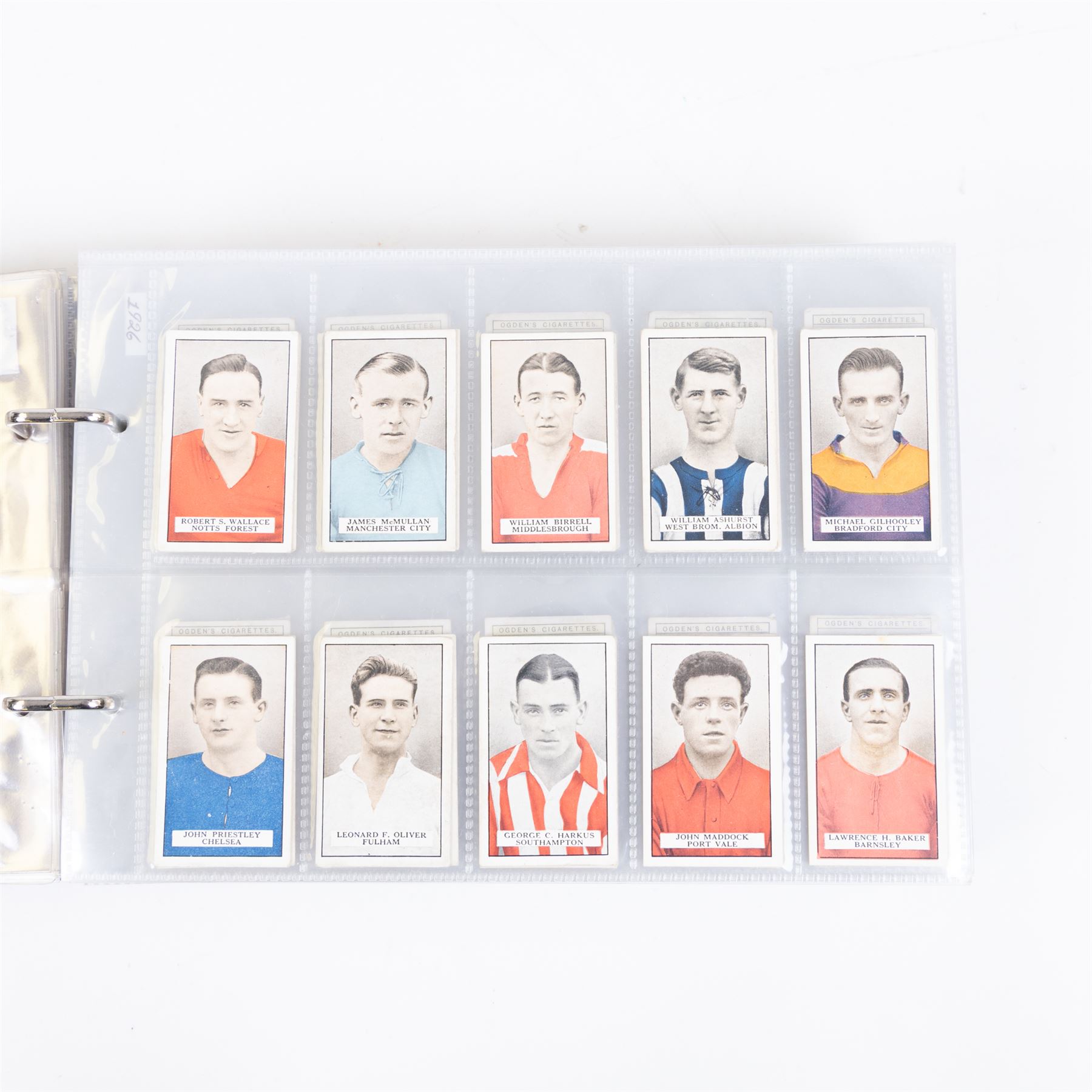 Collection of Edwardian and later Football related trading and cigarette cards, including forty-nine of fifty 1906 Ogden's Football Club Colours, 1922 PALS Footall series, ninety of one hundred 1925 Gallaher Famous Footballers, complete set of forty-four 1926 Ogden's Captains of Association Football Clubs and Colours, complete set of fifty 1927 Players Football Caricatures by MAC,  complete set of fifty 1927 Players Football Caricatures by RIP,  complete set of fifty 1930 Players Association Cup Winners, complete set of 50 1933 Ogdens AFC Nicknames etc, housed in brown cigarette card album