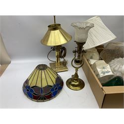 Brassed lamp modelled as a male with basket and fruit after Rancoulet, Tiffany style table lamp, brass table lamp, glass shades etc