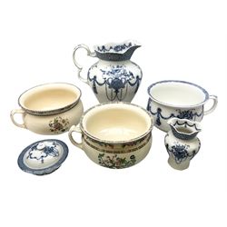 Early 20th Century Lonsdale Cetem Ware blue and white wash jug, chamber pot, vase etc, tallest H30cm, together with two other chamber pots