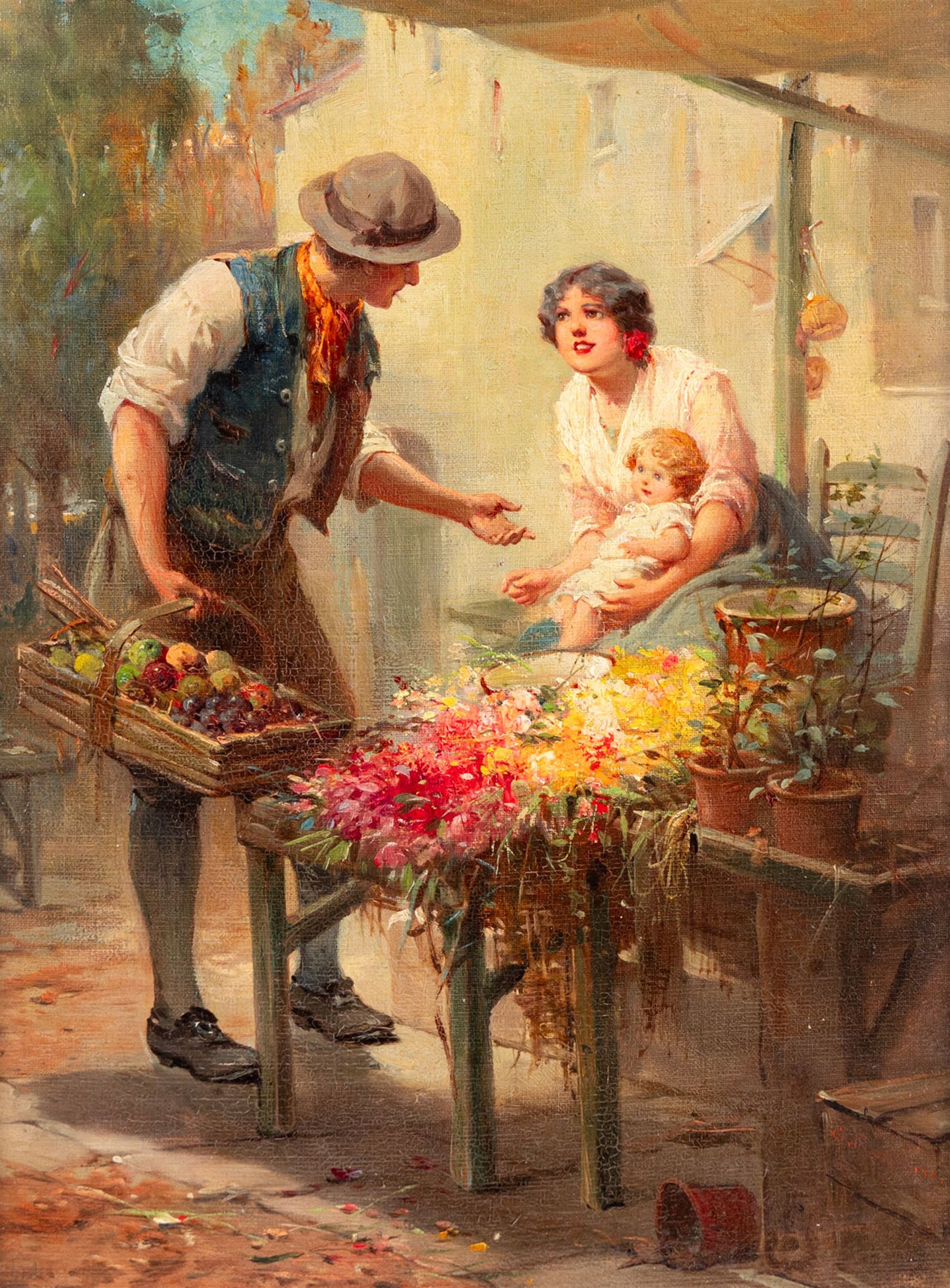 Stefano Novo (Italian 1862-1927): The Flirtatious Fruit Seller, oil on board indistinctly signed lower left 38cm x 29cm
