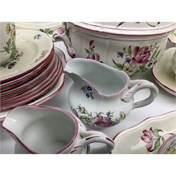 Matched Copeland Spode, Spode and French Luneville and Marlborough Sprays pattern dinner and tea wares, comprising two tureen and covers and apple finials, two sauce tureen and covers with pear finials and fixed stands, six graduated platters including two pairs, large plate, thirteen dinner plates, twelve bowls, ten smaller bowls, eight side plates, eleven smaller side plates, teapot, twin handled sucrier and cover with apple finial, open sucrier, cream jug, smaller cream jug, four breakfast cups, eight tea cups, four large saucers, eleven smaller saucers, and nine further smaller saucers. 