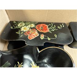 Papier mache boxes, including glove box, jewellery box and two square boxes and a crumb tray