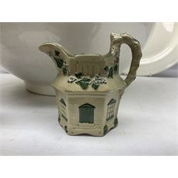 Early 19th century Staffordshire Drabware jug in the form of a thatched cottage, large white Doulton & Co Ltd bowl with George VI GR 1942 stamped mark beneath, Irish lustreware sauce boat and other ceramics (5)
