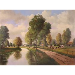Rik Mulders (Flemish 20th century): Landscape with Cows by Canal, oil on canvas signed 59cm x 79cm