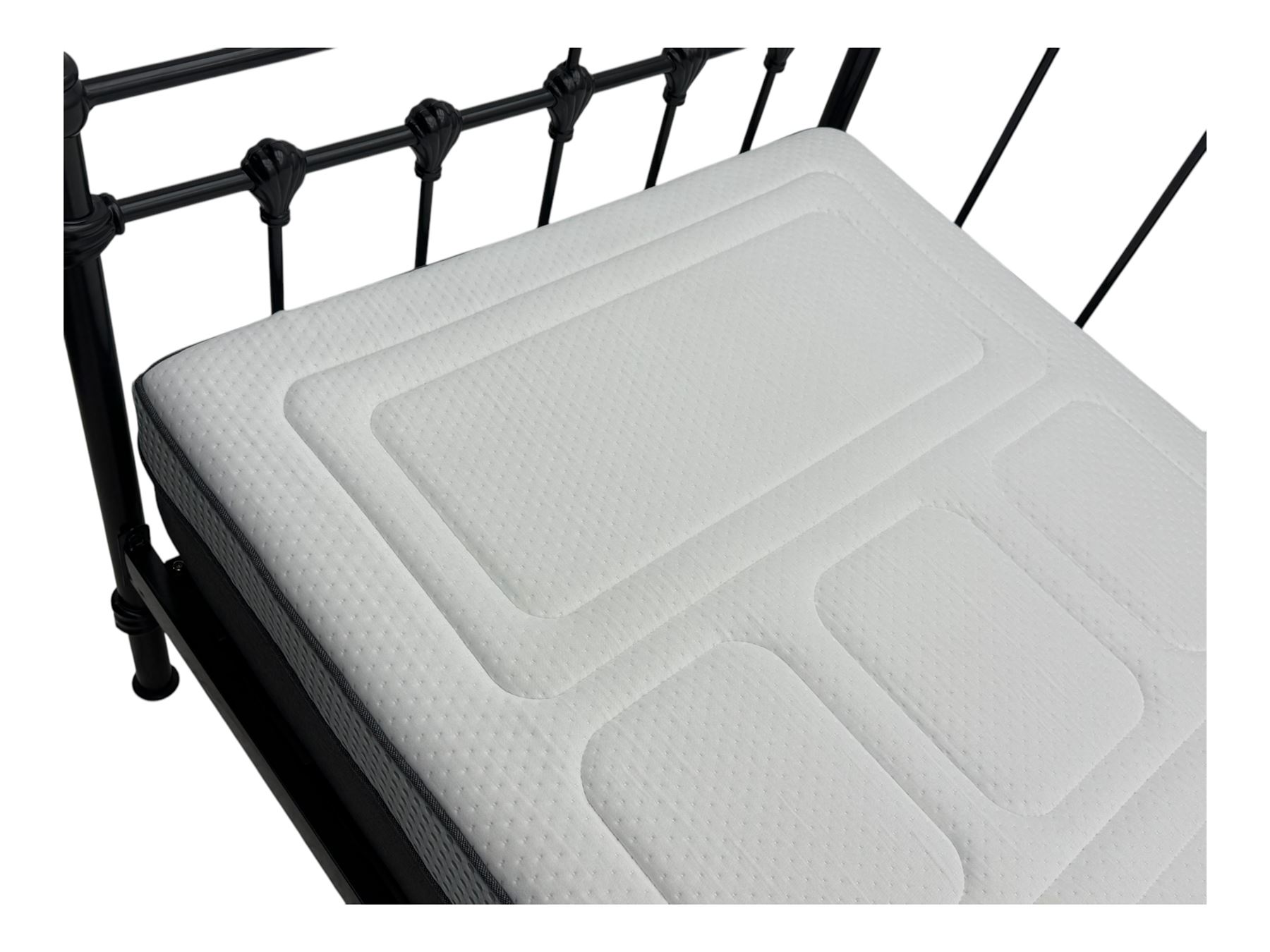 Contemporary Victorian revival black metal day bed, featuring arched back and sides with turned finials and spindle rails, complete with single 'OTTO' mattress