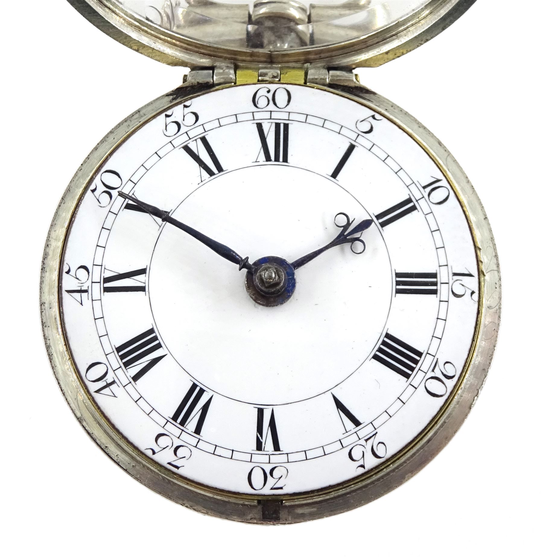 18th century silver pair cased verge fusee pocket watch by Alexander Hare (London ca.1781-1824), No. 200, square baluster pillars, pierced and engraved balance cock, white enamel dial with Roman hours and outer Arabic minute ring, beetle and poker hands, case makers mark G H, London 1770, with a fabric watchpaper embroidered with map of Europe