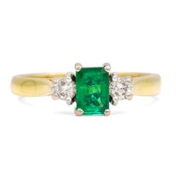 18ct gold emerald and diamond three stone ring, single octagonal cut emerald of approx 0.4...