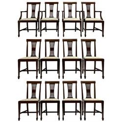 Set twelve (4+8) Edwardian inlaid mahogany dining chairs, cresting rail with satinwood banding, pierced splat backs with central inlay, drop-in seats upholstered in foliate patterned ivory fabric, raised on square tapering supports terminating in spade feet