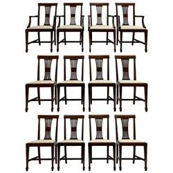 Set twelve (4+8) Edwardian inlaid mahogany dining chairs, cresting rail with satinwood ban...