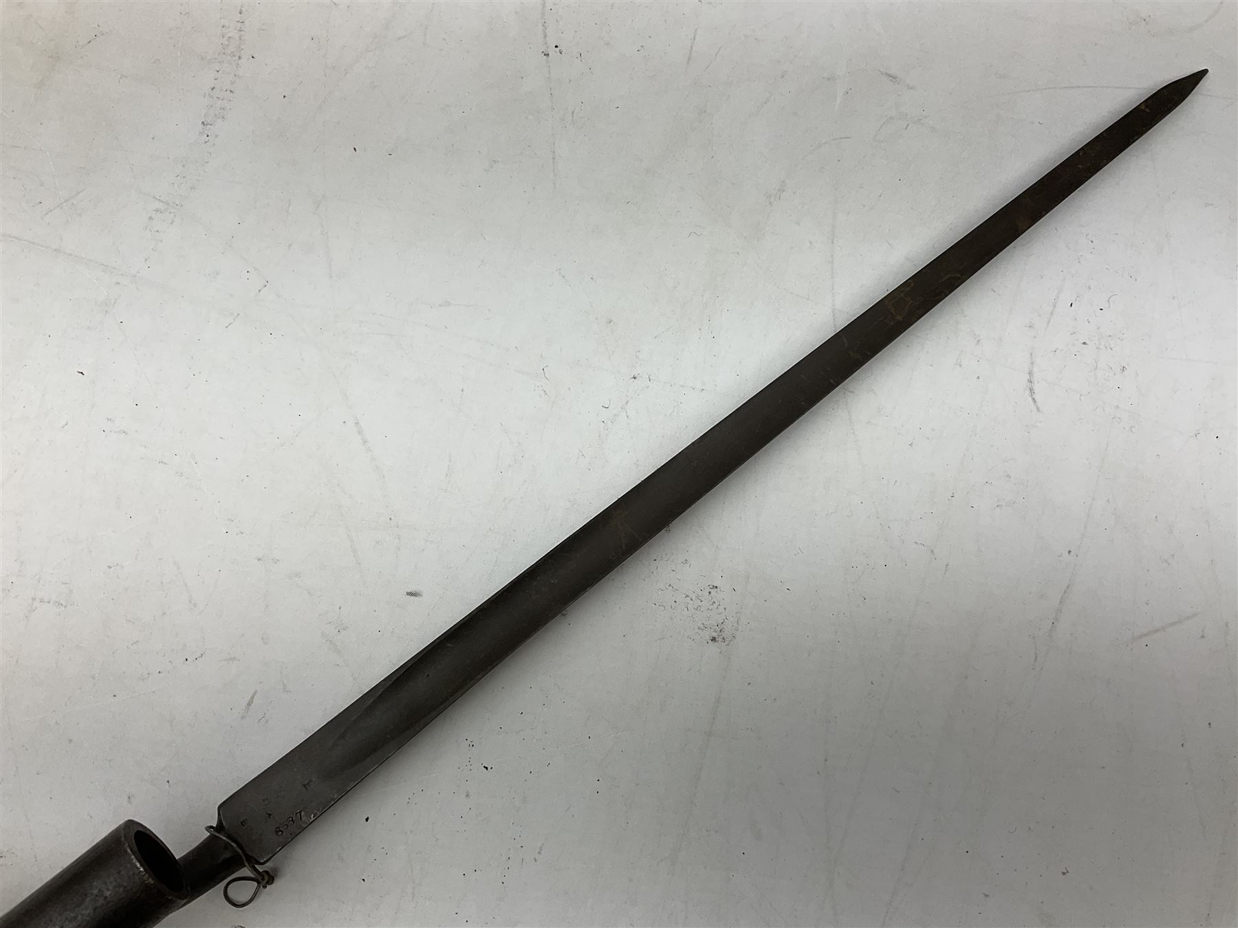 British Pattern 1876 socket bayonet with 43cm steel triangular blade L52cm overall; another socket bayonet with cruciform blade; No.4 Mk.II spike bayonet in metal scabbard with webbing frog; and 1955 Army jack knife by J.H. Thompson Sheffield (4)