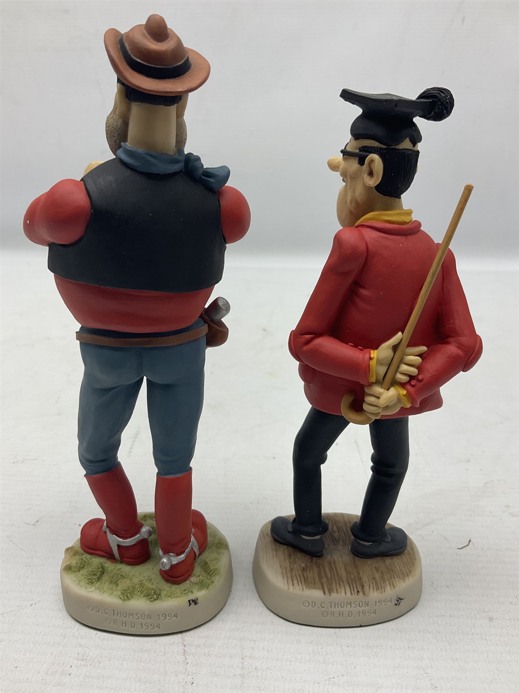 Thirteen Robert Harrop figures from the Beano Dandy collection, comprising Yo-Yo Collectors Piece 1996, Desperate Dan BD03, Cuthbert Cringeworthy BD08, Teach BD06, 'Erbert BD14, Toots BD12, Winston BD17, Fatty BD07, Dennis The Menace BD01, Dennis the Menace Fishing BD806, Sydney BD13, Wilfrid BD15 and Plug BD11