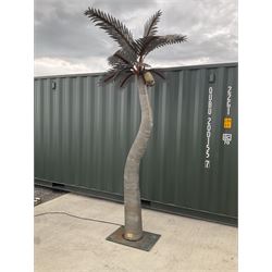 Designer Palms - shaped metal full size palm tree, double curved trunk with large metal fronds and pair of coconut lights, on rectangular base - THIS LOT IS TO BE COLLECTED BY APPOINTMENT FROM DUGGLEBY STORAGE, GREAT HILL, EASTFIELD, SCARBOROUGH, YO11 3TX