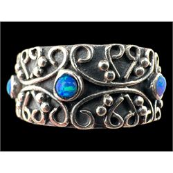 Silver opal filigree band ring, boxed