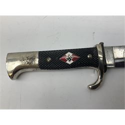 German Hitler Youth dagger the 14cm steel blade by Eickhorn Solingen inscribed Blut und Ehre and marked RZM M 7/66, chequered black grip with inset enamel diamond shaped insignia; in steel scabbard with leather frog L27cm overall