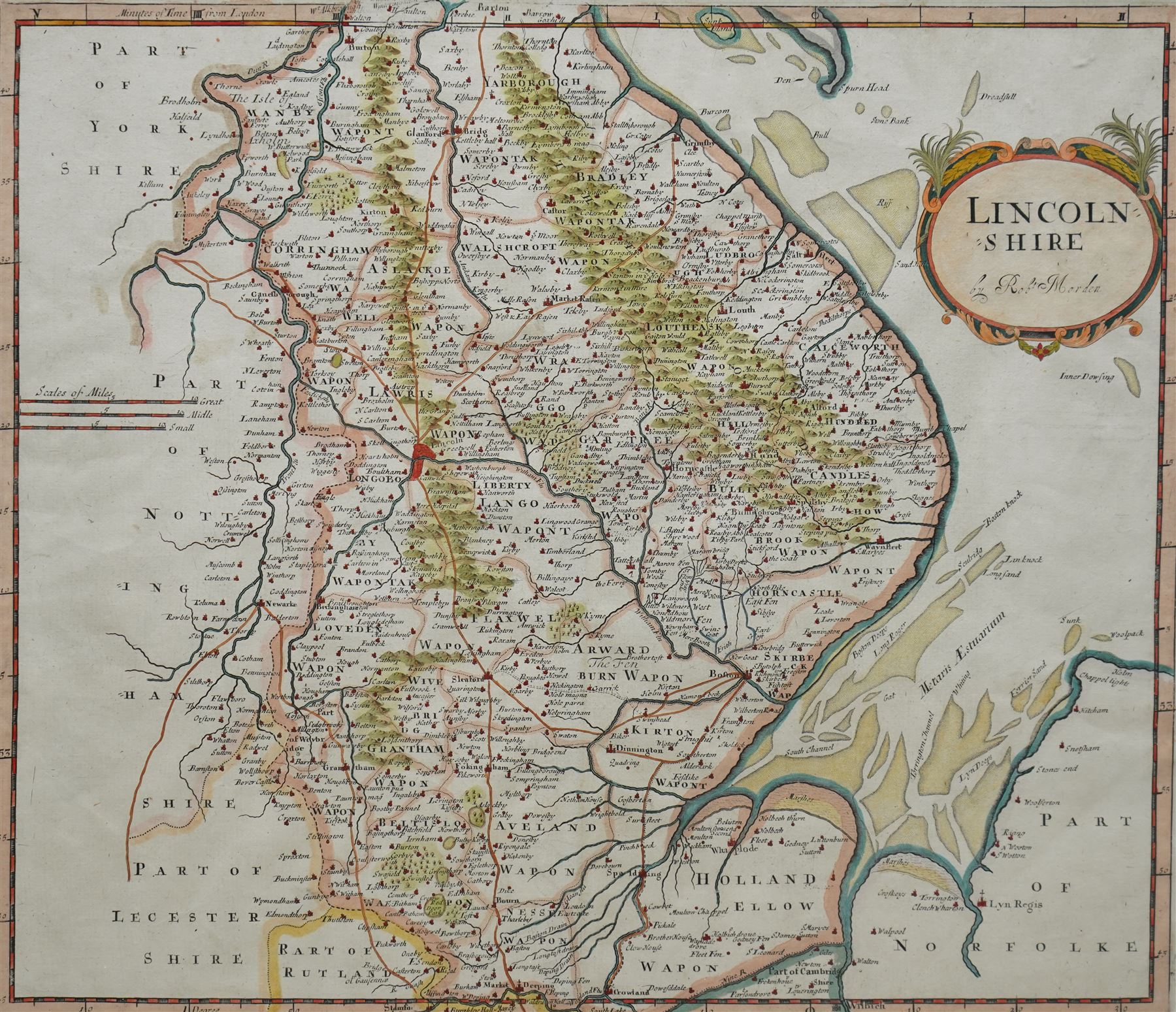 Robert Morden (British c.1650-1703): 'Lincolnshire', 17th/18th century engraved map with hand-colouring 38cm x 43cm