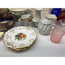 Pair of Victorian plates hand painted with fruit, together with copper lustre jug, other ceramics, six babycham glasses etc